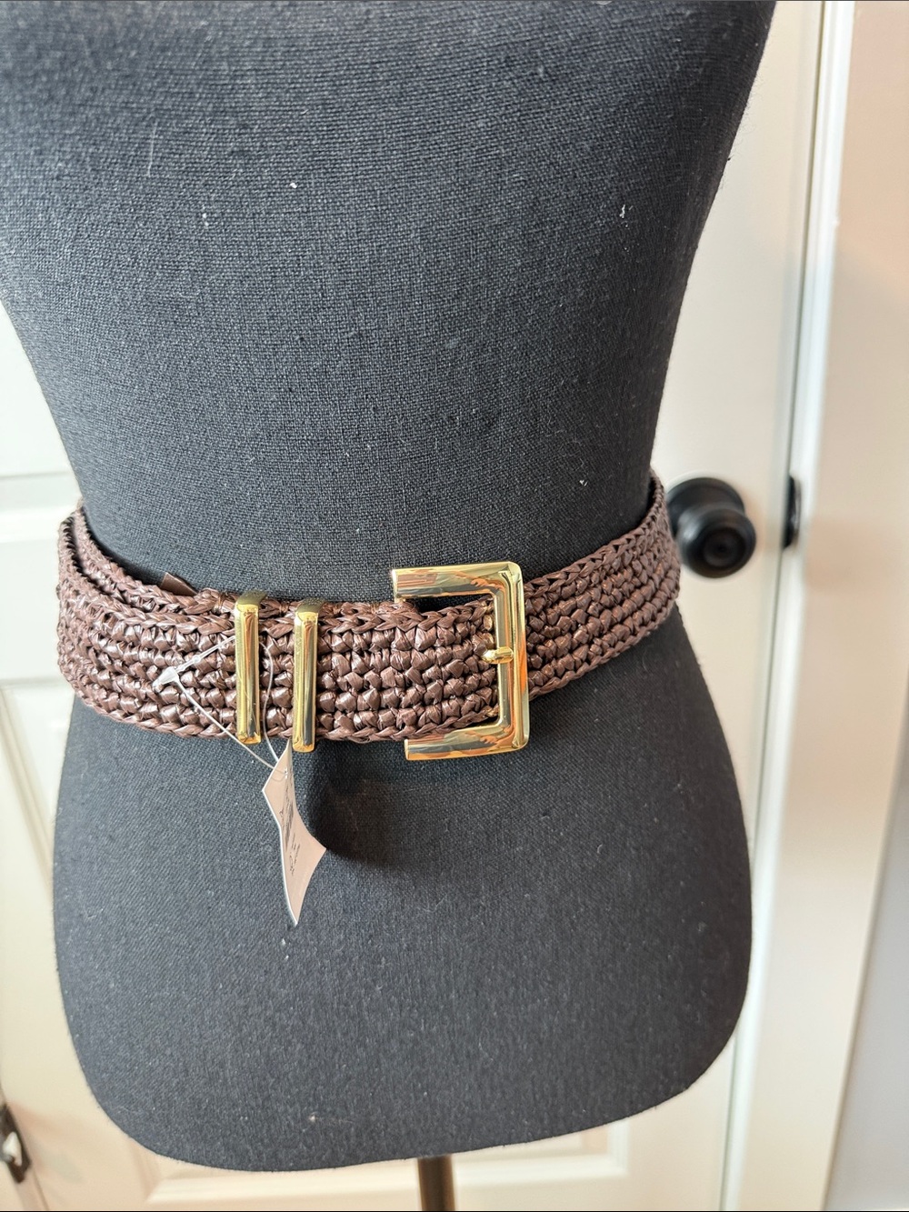 J. Crew Woven Brown Leather Belt with Gold Buckle